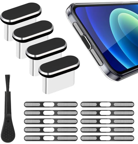 10 Stk Staubdichter Mesh-Aufkleber & 4 set USB C Staubschutz Stöpsel | USB C Schutzkappe für Handy Ladebuchse Schutz, Staubschutzstecker für iPhone 17/16/15 Zubehör,mit 1 Pinsel