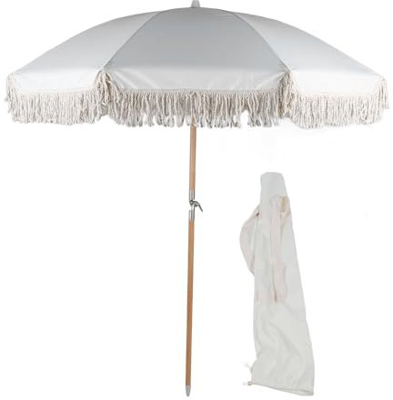 plplaaoo Parasol de terrasse, grand parasol d'extérieur avec franges, 8 baleines en fibre de verre, résistant aux UV, pour jardin, terrasse, piscine, tissu polyester, bois de hêtre, (Beige)