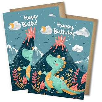 WBdesignz 2er-Set Geburtstagskarten Kinder – Dino Design – Happy Birthday – niedliche Dinosaurier-Karte – Jungen & Mädchen für Kindergeburtstage – mit Umschlägen (DIN A6)