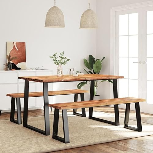 Bladez 3-teilige Essgruppe Baumkante aus massivem Akazienholz mit Öl-Finish - stilvolles Esstisch-Set für Wohnzimmer oder Küche - langlebig und pflegeleicht
