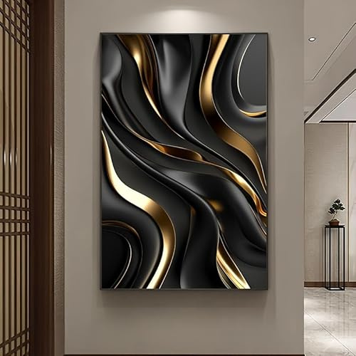 UUDEZO Großer Leinwanddruck mit schwarzen und goldenen Wellen, modernes abstraktes Bild, geeignet für Wohnzimmer oder Flur (65 x 110 cm / (26 x 43 Zoll) / mit Rahmen)