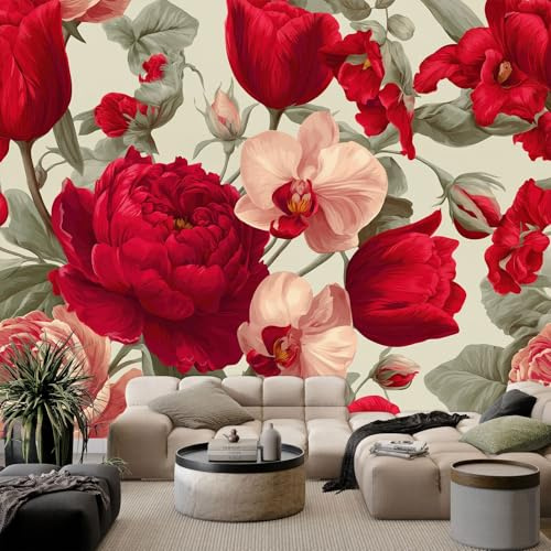 WHUOEUCO Fototapete Rosen Orchideen Pfingstrosen 300x210 cm 3D Motivtapeten Wandbild Vlies Foto Tapete Wandtapete, für Wohnzimmer Schlafzimmer Kinderzimmer Büro Wanddeko