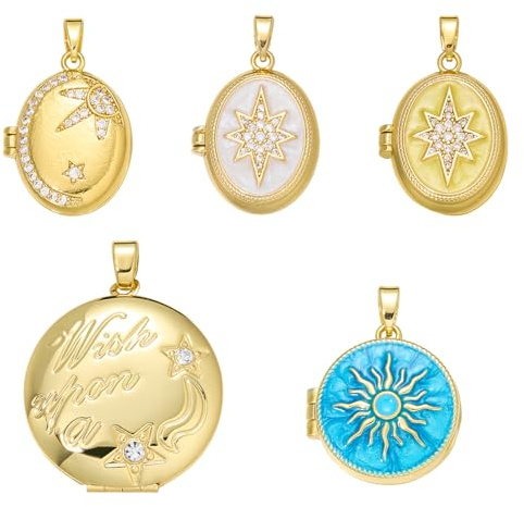 COGCHARGER 5 Stück Gold Emaille Medaillon Anhänger Fotorahmen Kristallstern Mond Sonne Messing Zirkonia Charms Anhänger für Armbänder DIY Halsketten Ohrringe Schmuckherstellung