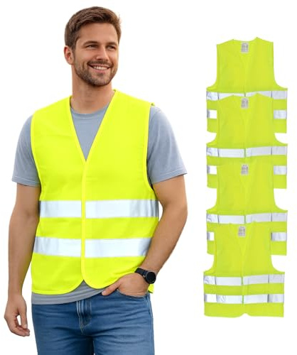 First Aid Only Warnweste Gelb (4er-Pack) | Sicherheitsweste für Auto & Fahrrad nach EN ISO 20471:2013 | Reflektierende Weste für Erwachsene, Einheitsgröße, Zertifiziert, waschbar | P-91911 00