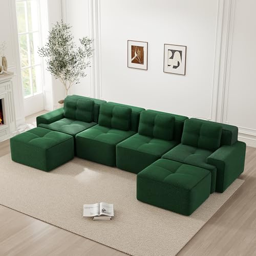 HAINEW Moderner Compressed Boneless Sofa mit 2 Ottomanen, Modulares U-Form Ecksofa Couch aus Cord mit Geschwungenen Armlehnen und Kissen, DIY Kombinieren, Ohne Montage (Grün, 4 Seat + 2)