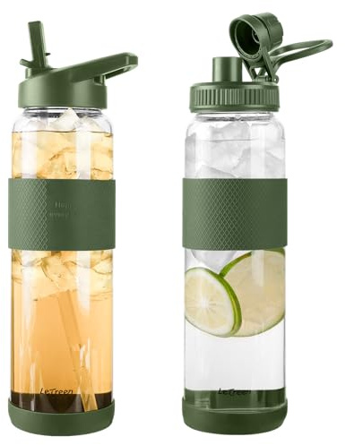 LETREEN 1L 1000ml Glass Water Bottle with Straw and Handle, 1 Pack | Large Sports Water Tumbler with 2 Lids, Leak-proof BPA Free Water Jug Canteen with Silicone Sleeve for Gym Sports Outdoor