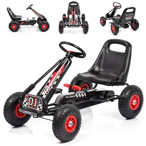 meteor Gokart Kinder mit Pedalen Tretfahrzeug mit Handbremse Luftreifen verstellbarem Sitz Kettenantrieb Freilauf Tretauto Outdoor für Jungen und Mädchen 3-8 Jahre bis 30 kg Rot GM-A15