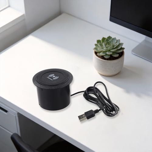 Kabelloses 3-in-1 Einbauladegerät mit 2 USB-Ports, 15W Fast Charging für Büro & Café, Versenkbarer Hub mit Netzteil, 62mm Schwarz