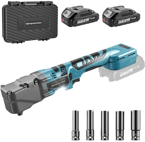 YEARTOP 350Nm 1/2 Akku Winkelschlagschrauber Kompatibel mit Makita 18VAkku | Schlagschrauber 90 Grad Kfz Motorraum mit 2x 2.0Ah Akkus, 500W Bürstenlos Motor, Inklusive LED-Licht 5 Steckschlüsseln