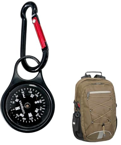 Kompass Wegweiser COS10/BK - Multifunktionaler Schlüsselhalter mit Flacher Kompassscheibe ohne Nadel und Karabinerhaken, Schwarz, für Outdoor und Alltag