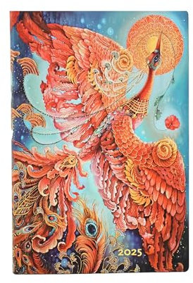 Paperblanks 12-Monatskalender Softcover Flexi 2025, Feuervogel, Mini, Vertikal, Elastikband-Verschluss