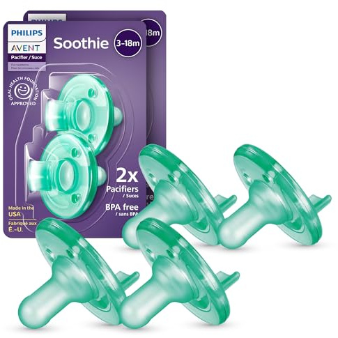 Philips Avent Soothie Baby Pacifiers - 100% Silicone Pacifiers for Babies 3-18 Months, One-Piece Design, BPA-Free, Extra Durable, Green, 4 Pack, Model SCF192/45
