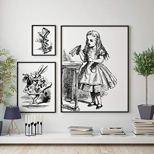 SHINERING Alice im Wunderland Kunstdruck Wandbild, Vintage-Stil, handgezeichnet, Alice im Wunderland, Poster, Leinwandbild, Mädchenzimmer, Dekoration, rahmenlos 35 x 50 cm.