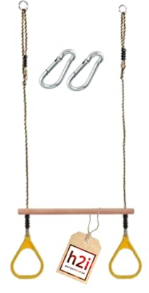 h2i Trapez Schaukel mit Turnringen | Trapezstange aus Holz mit Seilen & Karabiner | Gymnastikringe aus Kunststoff in gelb | Kinderschaukel Outdoor & Indoor | Turngeräte für Kinder