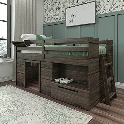 Max & Lily Solid Wood Low Loft Bed with Storage Drawer and Ladder, Modern Rustic Style Loft Bed for Kids, Brown