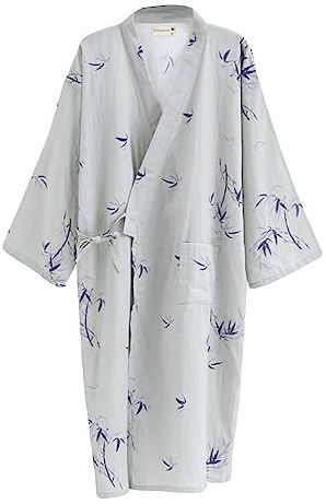 G-LIKE Japanischer Kimono Nachthemd Bademantel – Traditioneller Haori Yukata Stil 100% Baumwolle Frühling Sommer Hauskleid Saunamantel Leicht Dünn Nachtwäsche für Damen Herren (Grau-Herren, L)