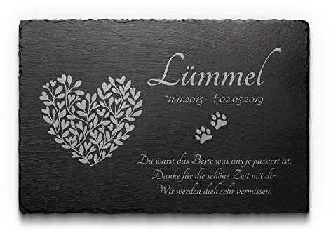 Premium Grabplatte für Hunde & Katzen aus Schiefer mit Gravur / Foto | Gedenktafel Hund mit Bilder schönen Motiven und Herzform | Grabstein für ein Urnengrab von Tieren | 30x20 cm selber gestalten