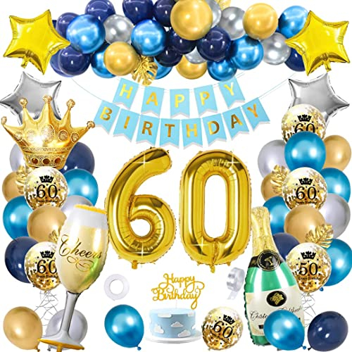 60 Geburtstag Mann Deko, SWPEED Blau Gold Deko 60 Geburtstag Mann, 60 Geburtstag Deko, 60. Geburtstag Geburtstagsdeko kits mit Navy Blau Silber Gold luftballons, Gold Konfetti luftballons
