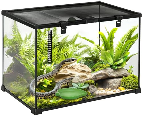 PawHut Glass Reptile Terrarium Insect Breeding Tank Vivarium Habitats with Thermometer for Lizards, Horned Frogs, Snakes, Spiders - Large 50 x 30 x 35cm