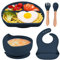 Delven Baby Geschirrset mit Saugnapf, 5 Stück Kinderbesteck Babyteller mit Unterteilung Silikon Lätzchen Schüssel Babylöffel Gabel Kindergeschirr Set BPA Frei Kinderteller Set für Kleinkinder,Blau