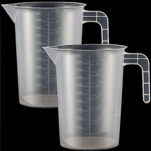 2 Stück Messbecher Kunststoff Set Mit Griff und Gramm Skala 1000ml, Hitzebeständig Präzisions Messbecher für Waschmittel, Küche, Labor, die Autopflege feine Skala Lebensmittelecht 1L(Transparent)
