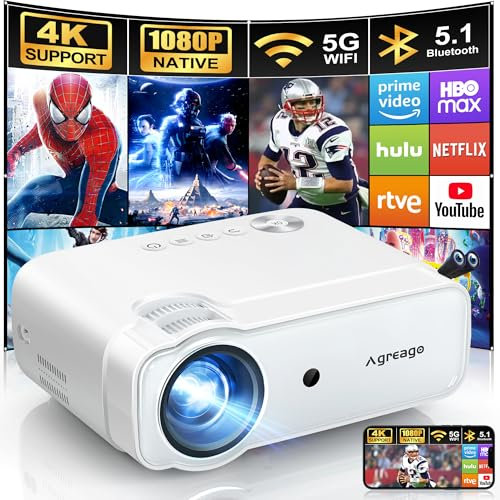 Agreago Native 1080P Projector with Display, 5G WiFi Bluetooth, 9000L 4K, Compatible with Mobile Phone Projector, Video Projector, Compatible with TV Stick/iOS/Android/Win/HDMI/USB