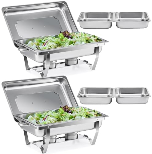 WILPREP Chafing Dish Buffet Set, 2 Pack 9L Chafers for Catering with 2 Full & 4 Half Size Pans Lids Foldable Frames Fuel Holders, Stainless Steel Food Warmers for Parties Buffets Banquets Dinners