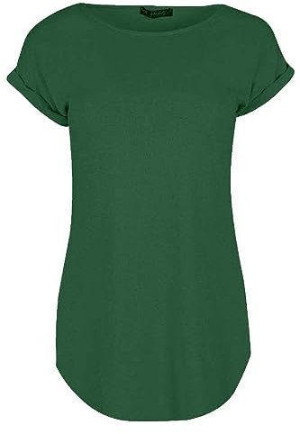 Ladies Curved Hem Jersey Plain Top Womans Round Neck Turn Up Cap Sleeve T Shirt (26, Bottle Green)