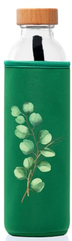 FLASKA | Botella de Agua de Vidrio | 750ml | Sin BPA | Tapa a Rosca | Funda de Neopreno | Ideal para Deporte, Oficina, Yoga | Estructura el Agua | Evergreen