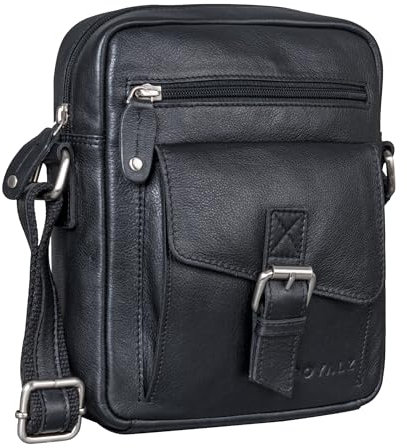 ROYALZ 'Knoxville' kleine Ledertasche Herren Vintage Männer Umhängetasche Mini Messenger Bag Schultertasche klein, Farbe:Schwarz