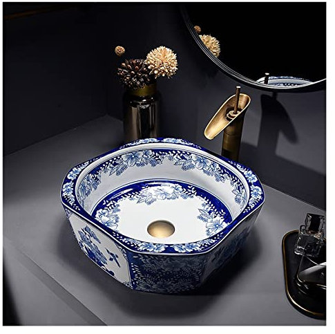Lavabo de salle de bain, comptoir en céramique bleue et blanche, lavabo artistique avec bonde escamotable, évier d'art en porcelaine de style chinois classique