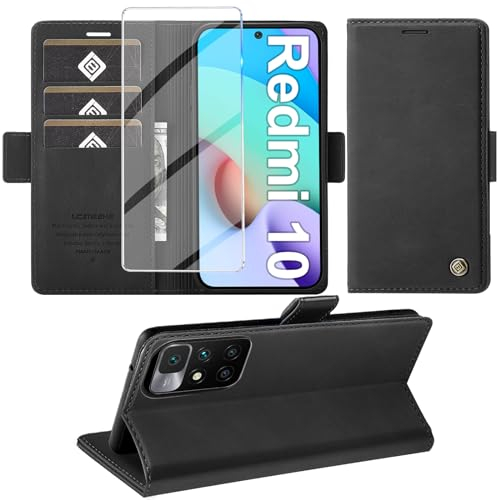 Giyer Handyhülle für Xiaomi Redmi 10 Hülle mit Schutzfolie, Schutzhülle für Redmi 10 PU Leder Wallet Flip Case Ständer Kartenfach Klapphülle Lederhülle für Xiaomi Redmi 10 4G/5G Cover (Schwarz)
