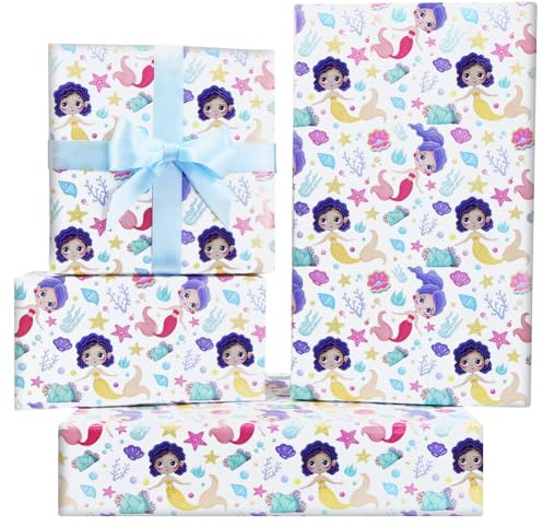 Meerjungfrau Geschenkpapier Geburtstag,Prinzessin Wrapping Paper 4 Stück, Lila Ozean Verpackungspapier Kinder Mädchen Mit Band für Kleine Meerjungfrau unter dem Meer Geburtstag Baby Dusche Hochzeit