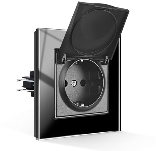 CNBINGO Wasserdicht Steckdose mit Klappdeckel, Schuko Steckdose Unterputz mit Krallen, Einzel Steckdose mit deckel, Schwarz Glas Schutzkontakt Wandsteckdose, 1-Fach, 16Amp, 250V