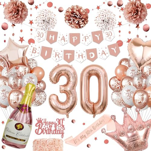 30th Birthday Decorations for Women, Unique Glitter Circle Dot Hanging, Rose Gold Balloons, Paper Pom Poms, 30th Birthday Banner, Rose Gold Party Decorations, Number 30 Balloons for Party