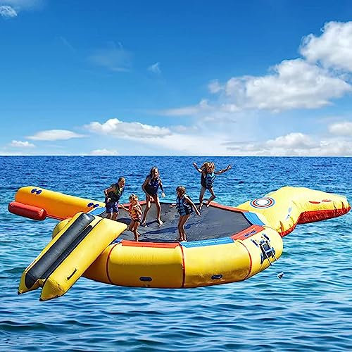 PLJKIHED Wasserspielzeug, aufblasbares Wassertrampolin mit Rutschen, Schläuchen und Sprungkissenbeutel, springende Plattform, Wassertrampolin für Wasserparkspiele, 5 m Stabilize