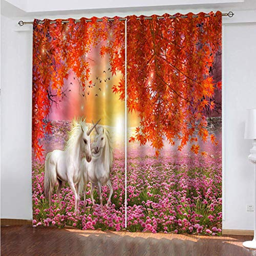 Vorhänge Blickdicht 2Er Set, 3D Sonnenuntergang Blumen Meer Weißes Pferd Muster Gardinen Mit Ösen Für Wohnzimmer Schlafzimmer Kinderzimmer Modern Fensterdekoration, Verdunkelungsvorhang Schlaufen