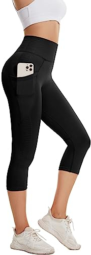 DUROFIT Leggins 3/4 Damen Sport Leggings mit Handytasche Sportleggins Capri 3/4 Laufhose mit Taschen Trainingshose 7/8 Schwarz L