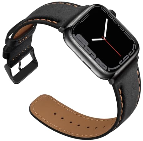 Anlinser Compatibile con Cinturino Apple Watch 45mm 44mm 42mm 41mm 40mm 38mm, Cinturini di Ricambio in Vera Pelle Compatibile con iWatch Ultra 2 Serie 9 8 7 6 5 4 3 SE (49/45/44/42, Nero)