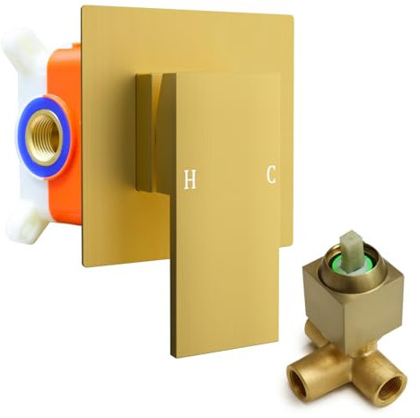 Square Shower Valve Single-Function Shower Handle Valve Wall Mount Brass Faucet Shower Rough-in Valve Bathroom Single Handle Trim Kit Brushed Gold - GETSHOWERSET