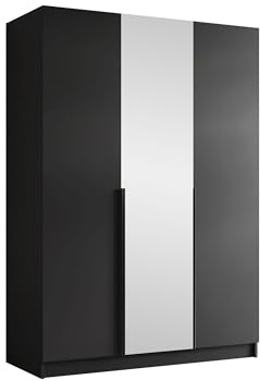 Mirjan24 Kleiderschrank Cikzori II mit Spiegel (Schwarz) | Drehtürenschrank mit Frontspiegel, Kleiderstange, großen Innenfächern und Soft-Close-Scharnieren, B/H/T: 150/215/58 cm
