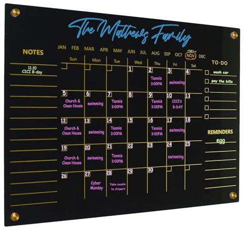 Schwarzer Acryl-Kalender, trocken abwischbar für Wand, Familienplaner, Monatskalender, trocken abwischbares Whiteboard für Zuhause, Büro, 43,2 x 33 cm, wiederverwendbares Whiteboard (Acryl-BK-3343)
