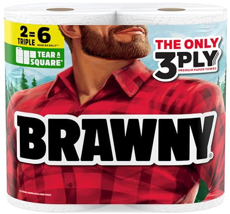 Brawny Tear-A-Square 3-Ply Paper Towels, 2 Triple Rolls = 6 Regular Rolls, Strong, Absorbent, and Durable with 3 Sheet Sizes (Quarter, Half, Full)