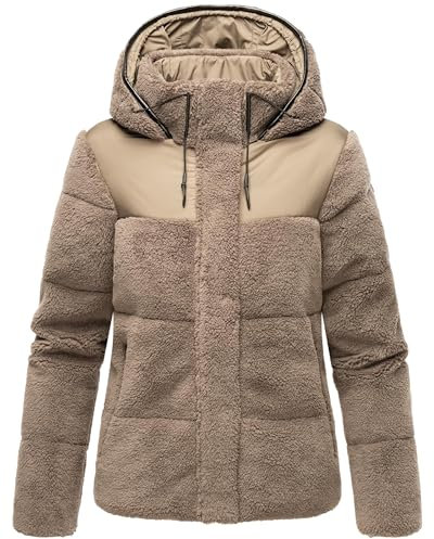 MARIKOO Damen Teddyfleece-Jacke warme Gesteppte Plüschjacke in angesagtem Materialmix mit Kapuze Kaguraa 16 Stone Brown Gr. XXL
