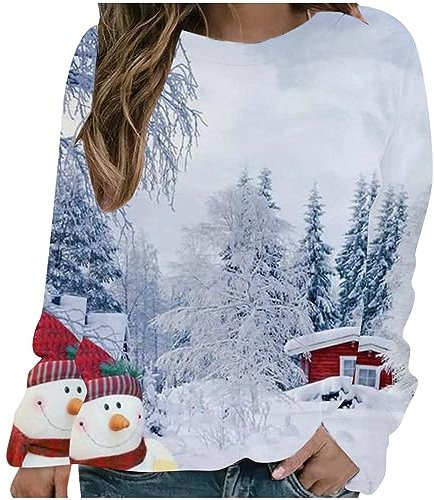 Weihnachtliche Damen-Blusen, langärmelig, Rundhalsausschnitt, übergroß, lässig, lockere Passform, bedruckt, für den Alltag, lockere Passform, warmes T-Shirt für den Außenbereich, 04#weiß, S