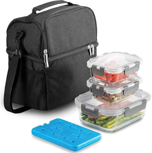 GARUET Lunch Bag with Glass Containers - Insulated Lunch Box for Women and Men - Leakproof Locking Lids & Ice Pack - 2-Compartment Cooler Tote for Work (Black) (Black)