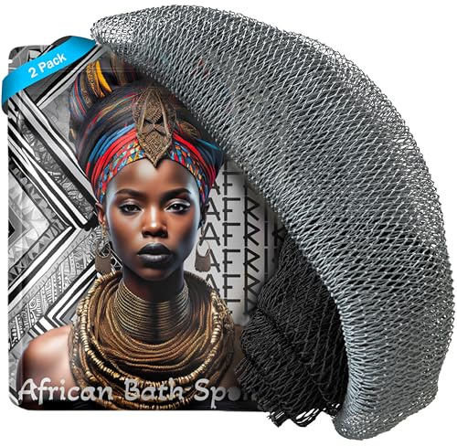 AFRIKI African Net Sponge, African Exfoliating Sponge, Black Owned, Exfoliating Washcloth, Body Exfoliator for Bath and Shower, Back Scrubber, Dead Skin Remover (Black, Grey, 1 Count (Pack of 2))