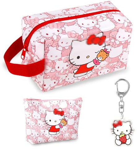 Kosmetik tasche Mädchen Kit- Reise Kulturtasche mit Geldbörse Schlüsselanhänger Groß Süße Cartoon Rosa Make-up Tasche Zippered PU Reisetasche Weihnachts Geburtstag Geschenke für Kinder Frauen Teenager