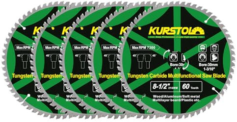 KURSTOL Wood Circular Saw Blade - 5pcs 216mm TCT Cutting Disc 60T Tungsten Carbide Tipped Blade Bore 30mm for Wood, Laminates, Aluminum, Copper, Non-Ferrous Metals, Plastic
