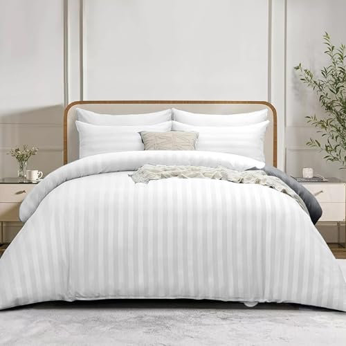 Simply Amelia Set di biancheria da letto king size, copripiumino a righe, satinato, con federe, ipoallergenico ultra morbido in microfibra (bianco, 220 x 230 cm)